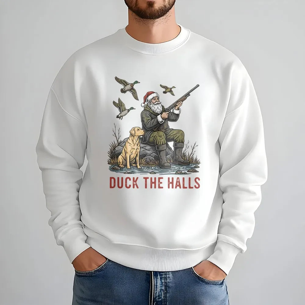 Santa Duck Hunting Sweatshirt, Duck the Halls Christmas Sweatshirt, Humorous Duck Hunter Crewneck, Holiday Hunting Pullover, 