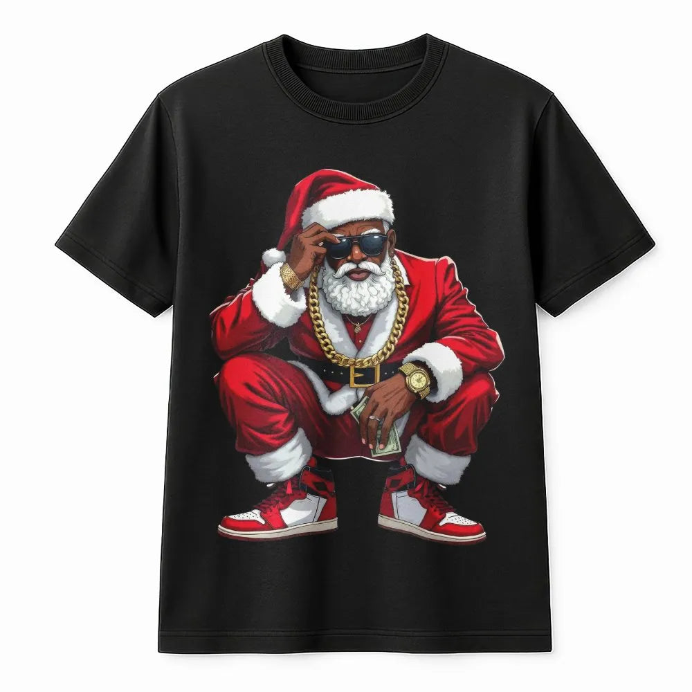Hip Hop Christmas Graphic Tee, Black Santa T-Shirt, African American Santa Claus Shirt, Retro Urban Holiday Graphic T-Shirt P