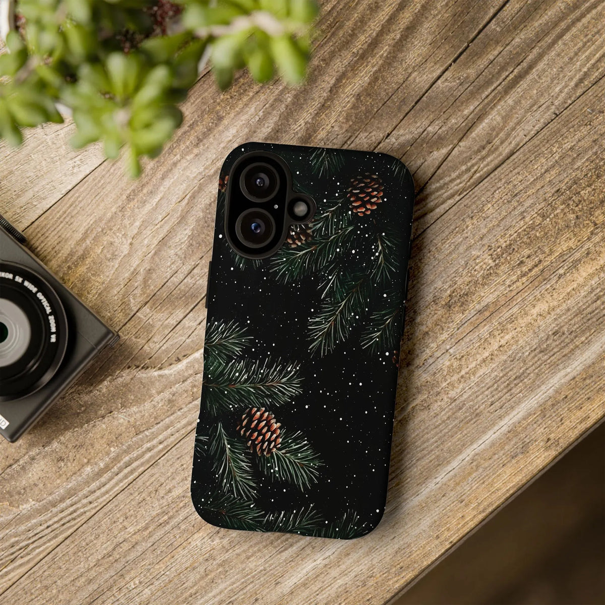 Winter Evergreen Branch Phone Case, Pine Cone iPhone Phone Case, Falling Snow Botanical Tough Cover, Nature Lover Christmas P