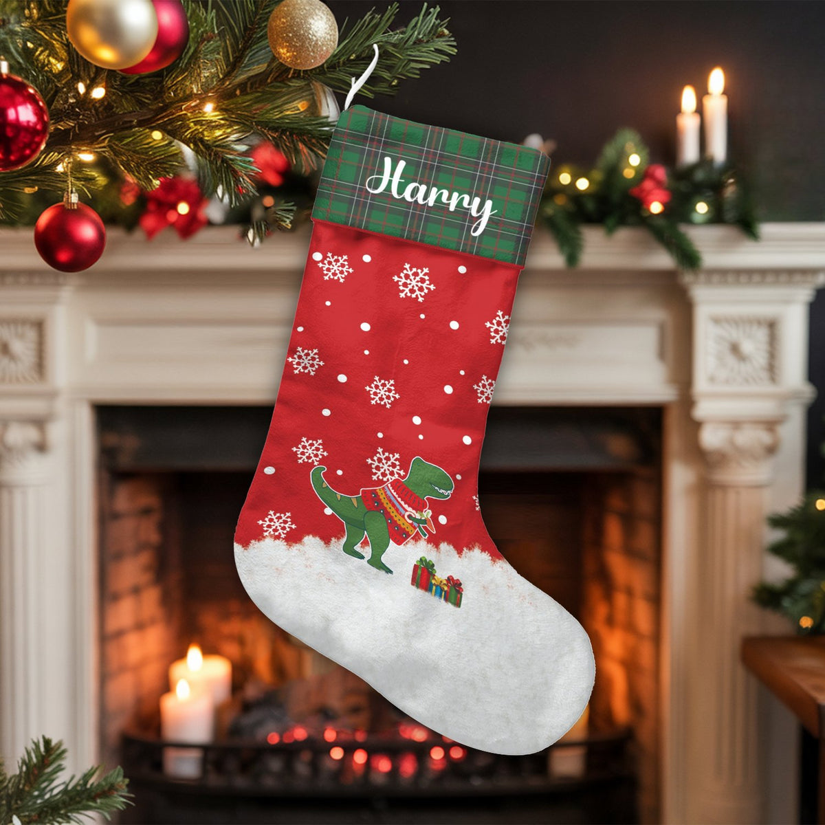 Custom Name T-Rex Holiday Stocking, Personalized Dinosaur Christmas Stocking, Adorable Dino Winter Stocking, Fireplace Decor,