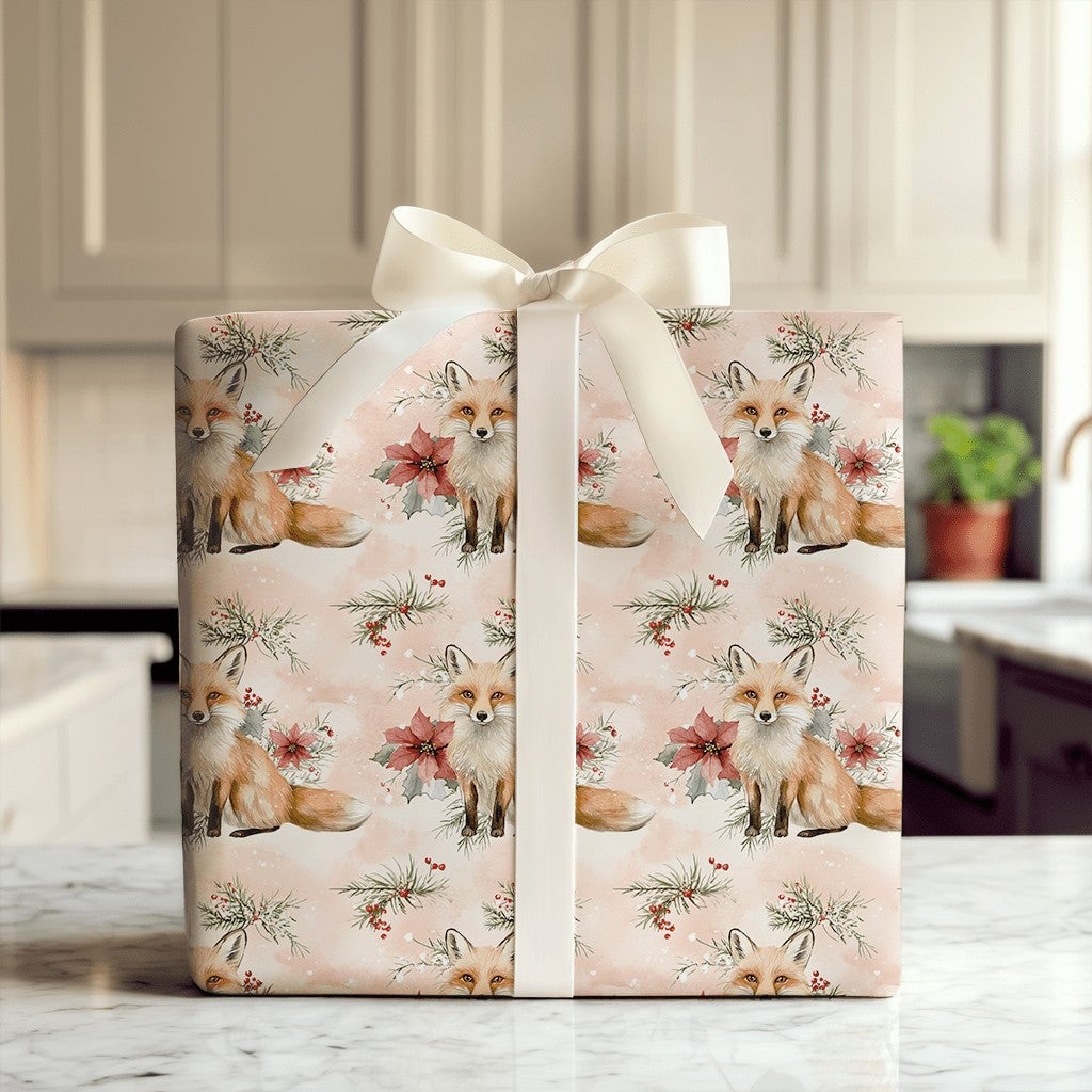 Watercolor Poinsettia Gift Wrap, Winter Fox Wrapping Paper, Woodland Red Fox Wrapping Paper, Christmas Holiday Floral Gift Wr