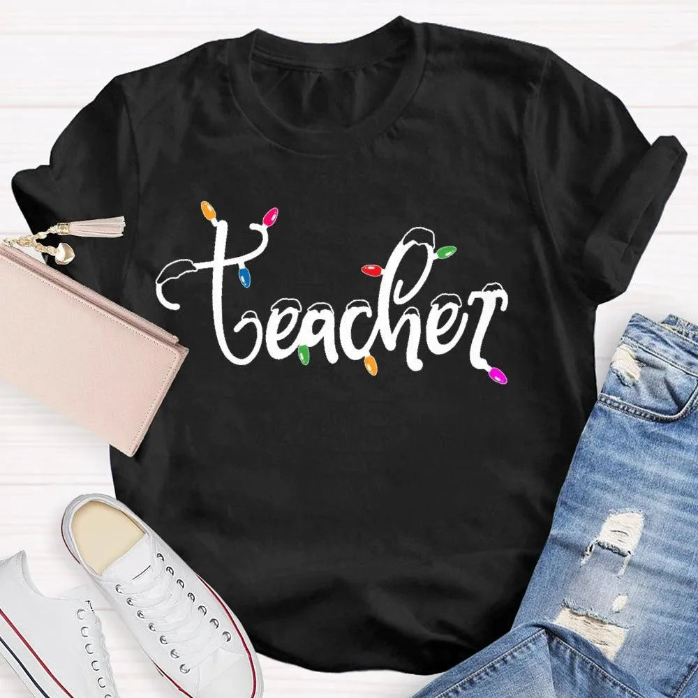 Adorable Holiday Educator Graphic Tee, Christmas Lights Snow Teacher T-Shirt, Festive Winter Teacher Shirt, Merry Christmas P