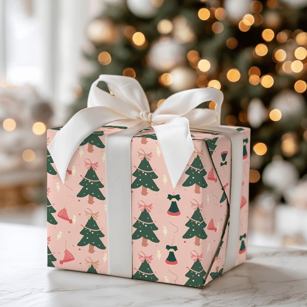 Whimsical Holiday Gift Wrap, Pink Christmas Tree Wrapping Paper, Santa Hat and Bells Xmas Wrapping Paper, Adorable Festive Gi
