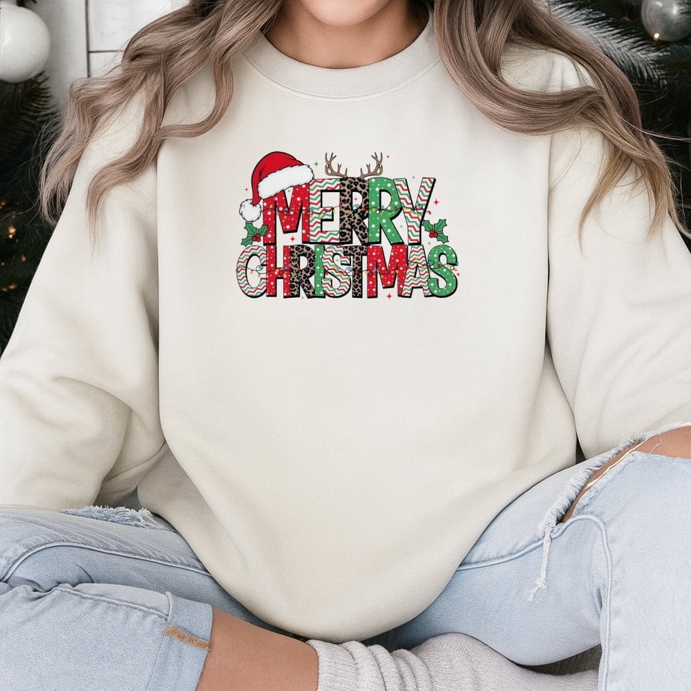 Animal Print Holiday Crewneck, Leopard Reindeer Merry Christmas Sweatshirt, Adorable Xmas Graphic Pullover, Festive Winter Sw