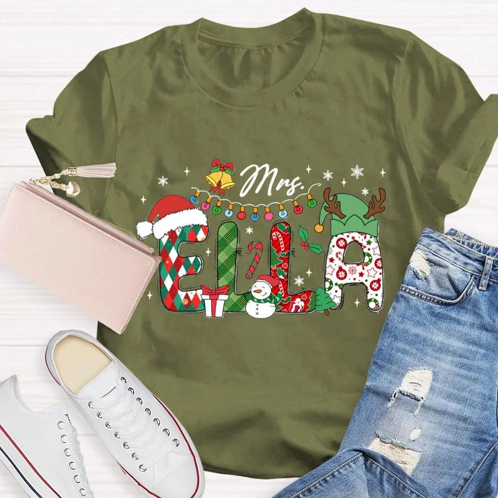 Custom Name Holiday Lights Tee, Personalized Christmas Snowman T-Shirt, Adorable Winter Xmas Shirt, Matching Family Christmas
