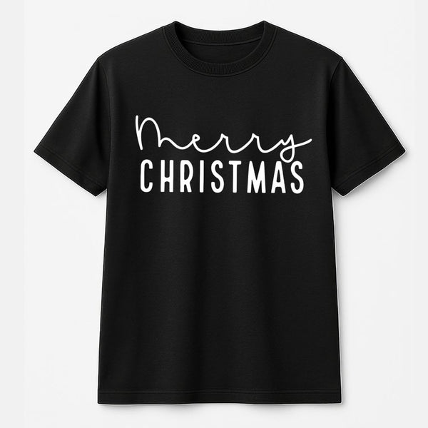 Minimalist Typographic Script Tee, Merry Christmas T-Shirt, Festive Holiday Season Shirt, Adorable Christmas Eve Graphic Top 