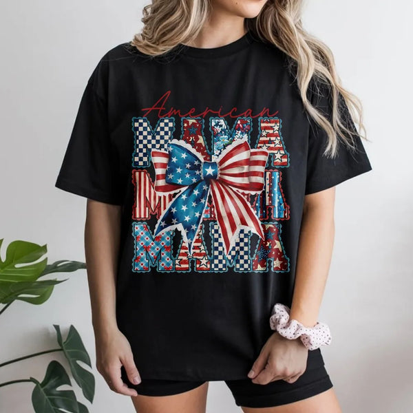 American Mama Sweatshirt | Red White Blue Coquette Bow Graphic | Soft Cotton Blend | 4th of July Gift for Mom