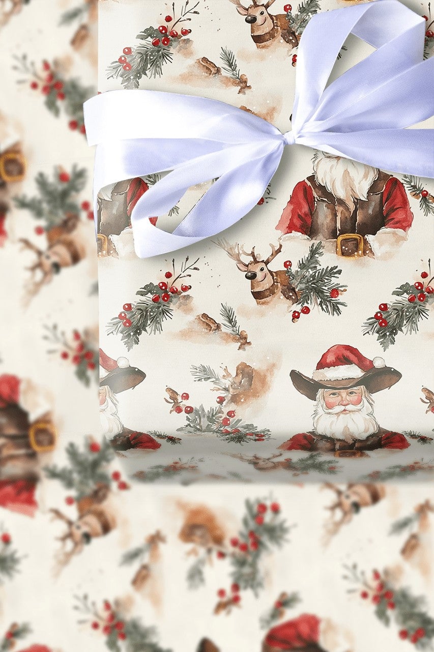 Rustic Reindeer Holiday Gift Wrap, Western Cowboy Santa Wrapping Paper, Country Christmas Wrapping Paper, Pine Holly Berry Xm