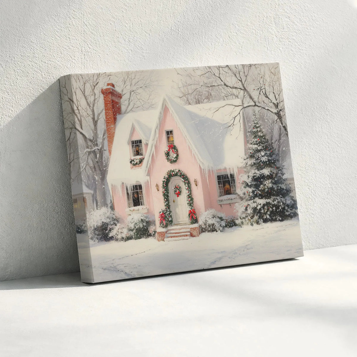 Snowy Winter Scene Art Print, Pink Christmas Cottage Canvas Wall Art, Comfy Holiday Cottage Wall Decor, Xmas Home Present Dig