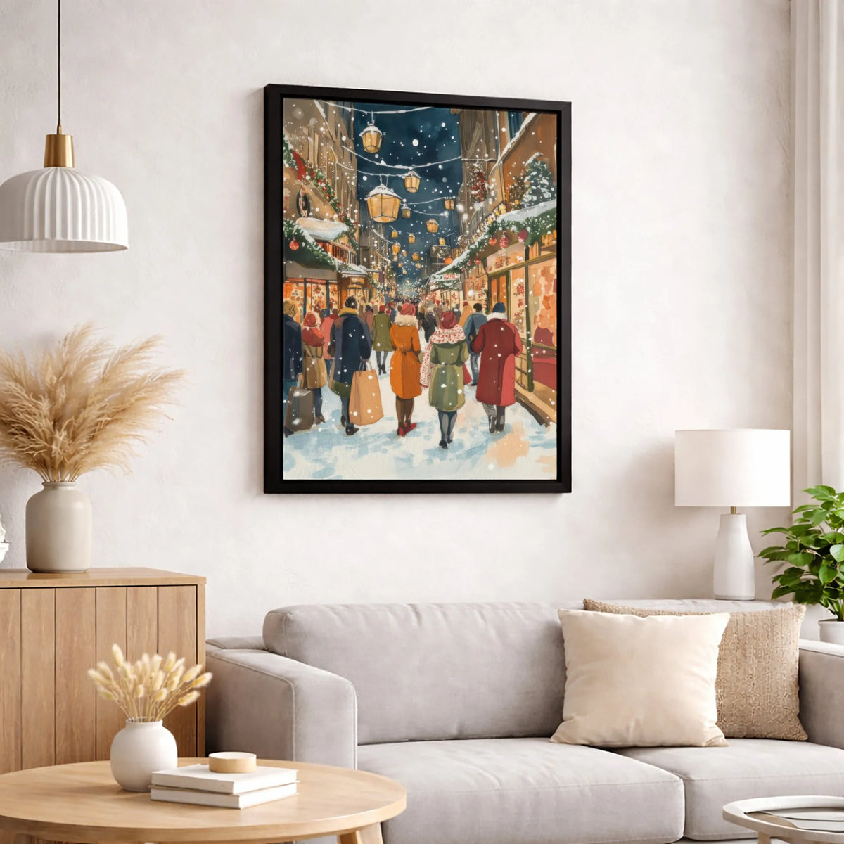 Winter Cityscape Watercolor Canvas Wall Art, Snowy Christmas Street Canvas Print, Holiday Town Painting Canvas, Festive Wall 