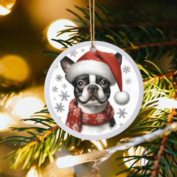 Santa Hat Dog Ornament, Boston Terrier Christmas Ornament, Boston Terrier Tree Ornament, Snowflake Dog Ceramic Ornament