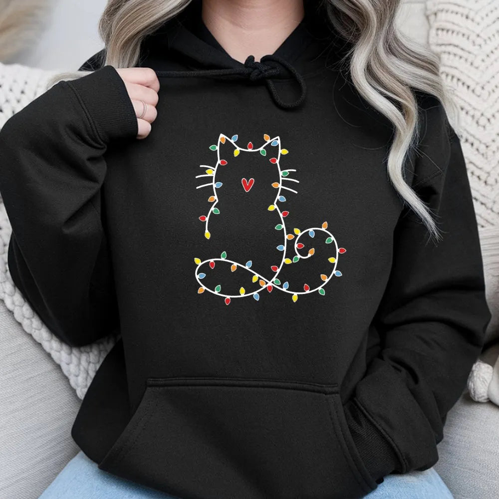 Fairy Lights Kitty Sweatshirt, Cat Christmas Hoodie, Adorable Cat Holiday Hooded Pullover, Festive Kitten Christmas Hoodie, P