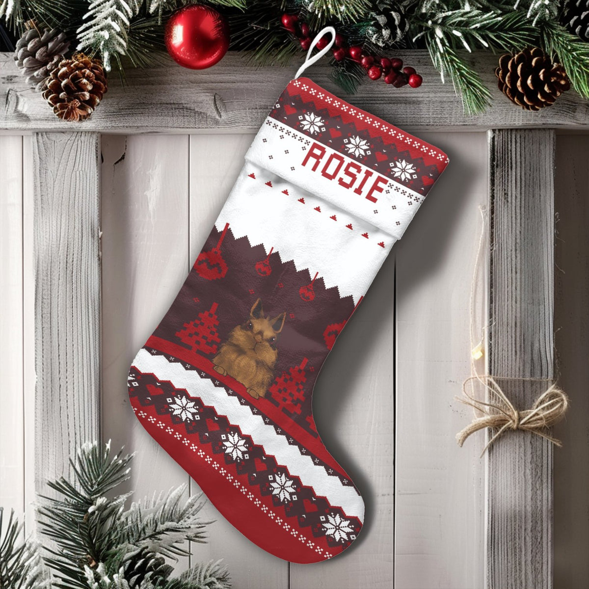 Ugly Sweater Pattern Holiday Stocking, Personalized Bunny Christmas Stocking, Adorable Rabbit Pet Lover Christmas Stocking, C