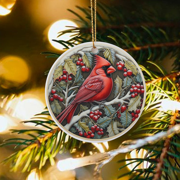 Winter Holly Branch Bird Ornament, Red Cardinal Ceramic Ornament, Nature Christmas Tree Decor, Holiday Keepsake Present for B