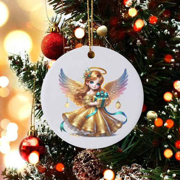 Gold Dress Guardian Angel Ornament, Christmas Angel Ornament, Whimsical Holiday Tree Decor, Ceramic Religious Keepsake, Faith