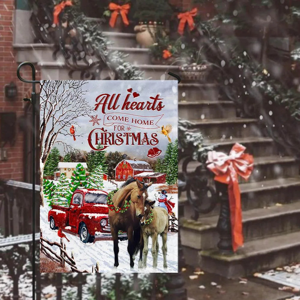 Red Truck Winter Horse Yard Flag, All Hearts Come Home for Christmas Garden Flag, Double-Sided Holiday Farmhouse Lawn Flag, X