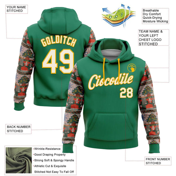 Kelly Green Knit Sleeve Hoodie, Custom Christmas Sports Hoodie, Personalized Name and Number Sweatshirt, Holiday Team Spirit 