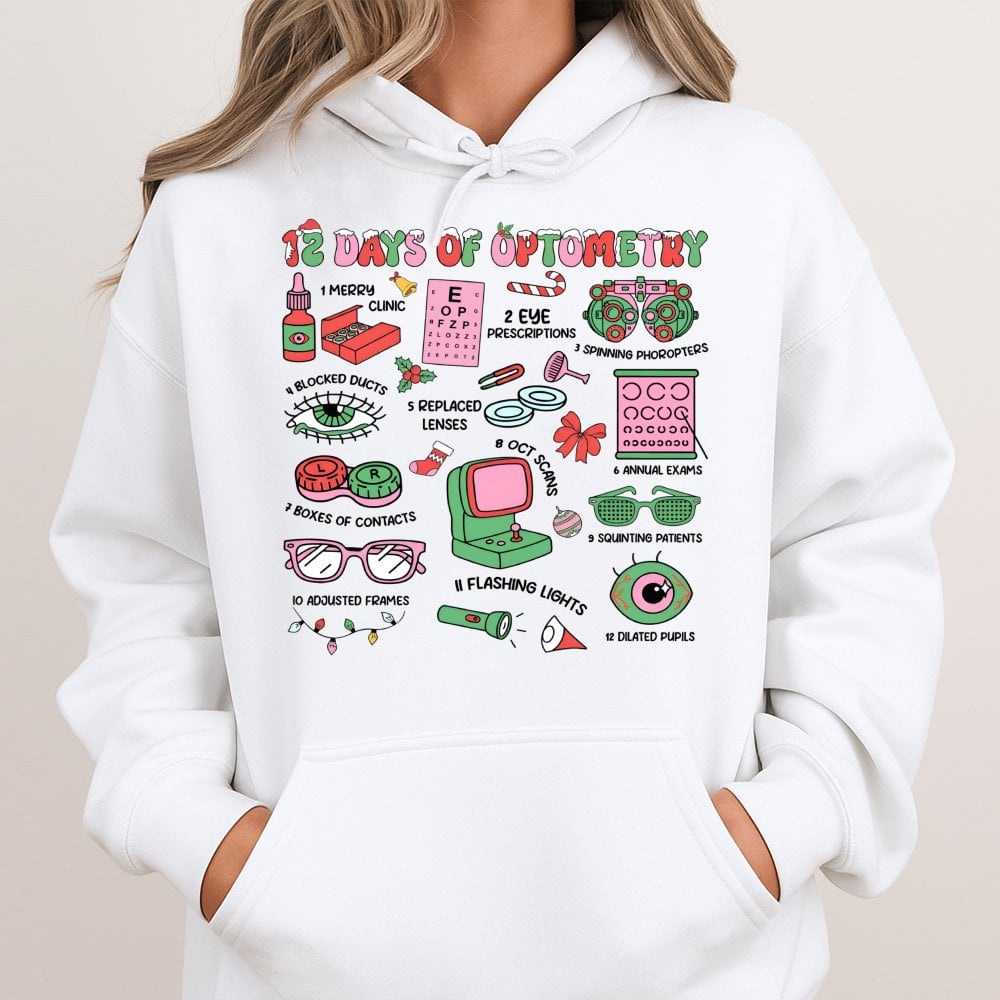 Humorous Eye Doctor Christmas Sweatshirt, 12 Days of Optometry Hoodie, Optician Holiday Pullover, Ophthalmologist Clinic Hood