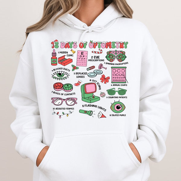 Humorous Eye Doctor Christmas Sweatshirt, 12 Days of Optometry Hoodie, Optician Holiday Pullover, Ophthalmologist Clinic Hood