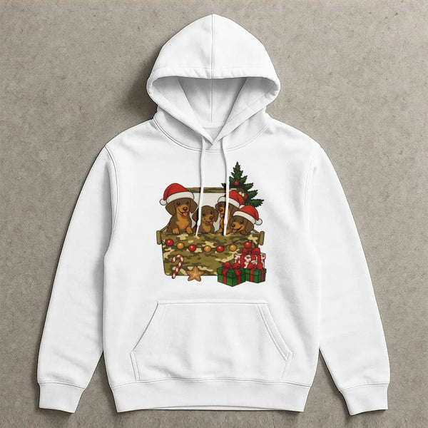 Adorable Wiener Dog Puppy Holiday Hoodie, Dachshund Christmas Hoodie, Retro Xmas Pet Lover Hoodie, Dog Mom Winter Sweatshirt,