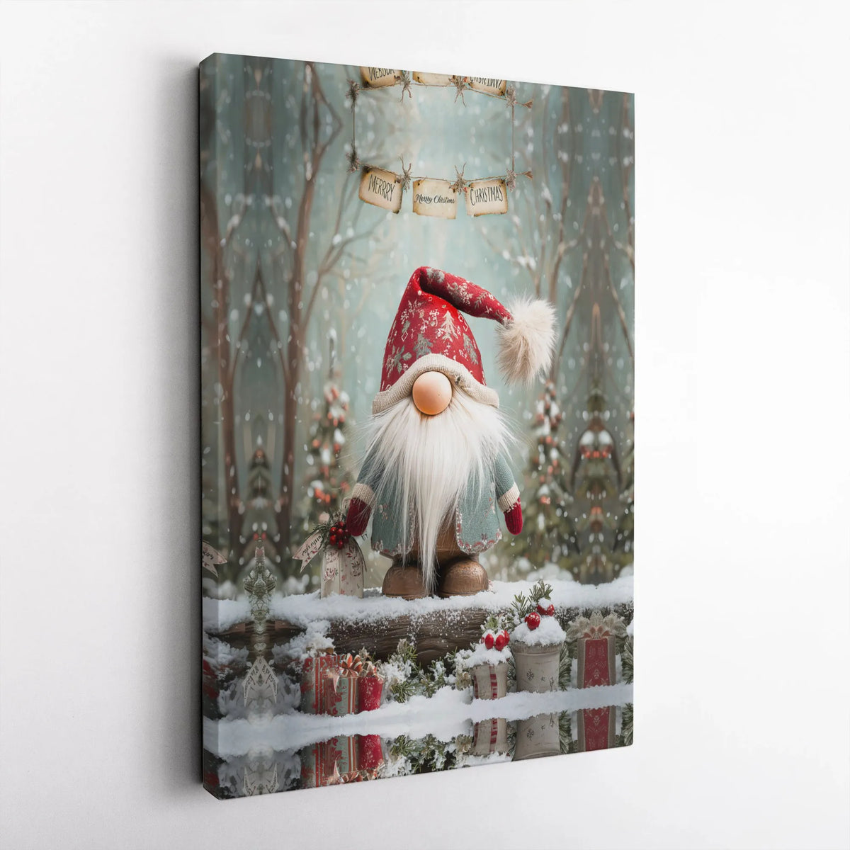 Snowy Winter Forest Canvas Print, Christmas Gnome Canvas Wall Art, Adorable Holiday Gnome Canvas Decor, Festive Xmas Wall Art