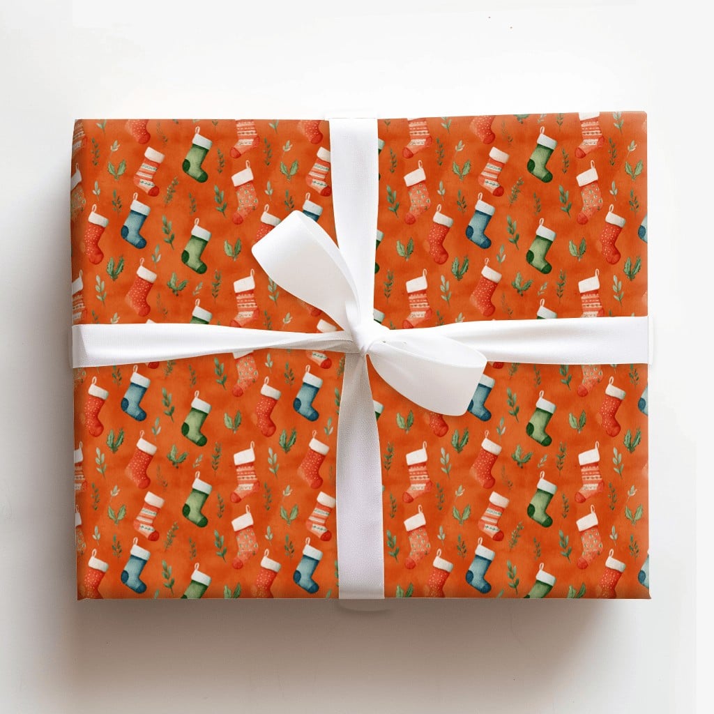 Watercolor Greenery Wrapping Paper, Christmas Stocking Wrapping Paper, Orange Holiday Gift Wrap, Festive Winter Present Wrapp