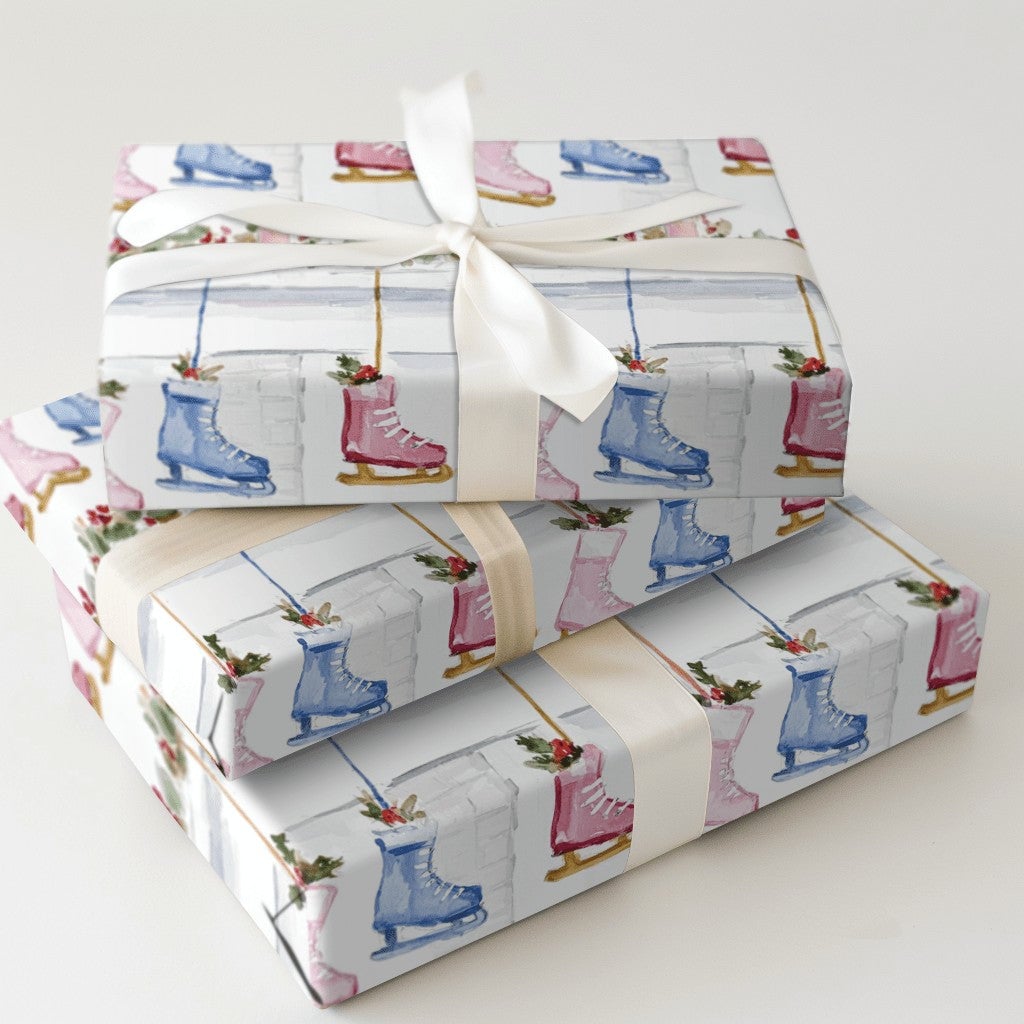 Fireplace Mantel Gift Wrap, Ice Skate Christmas Wrapping Paper, Watercolor Winter Skater Wrapping Paper, Holiday Gift Wrap Ro