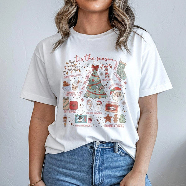 Festive Holiday Icons Graphic Shirt, Tis the Season Christmas T-Shirt, Retro Xmas Vibes Tee, Adorable Winter Holiday Present 