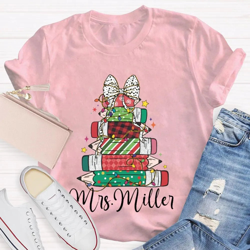 Colorful Crayons Bows Holiday Shirt, Personalized Christmas T-Shirt, Custom Name Kids Xmas Graphic Tee, Festive School Party 
