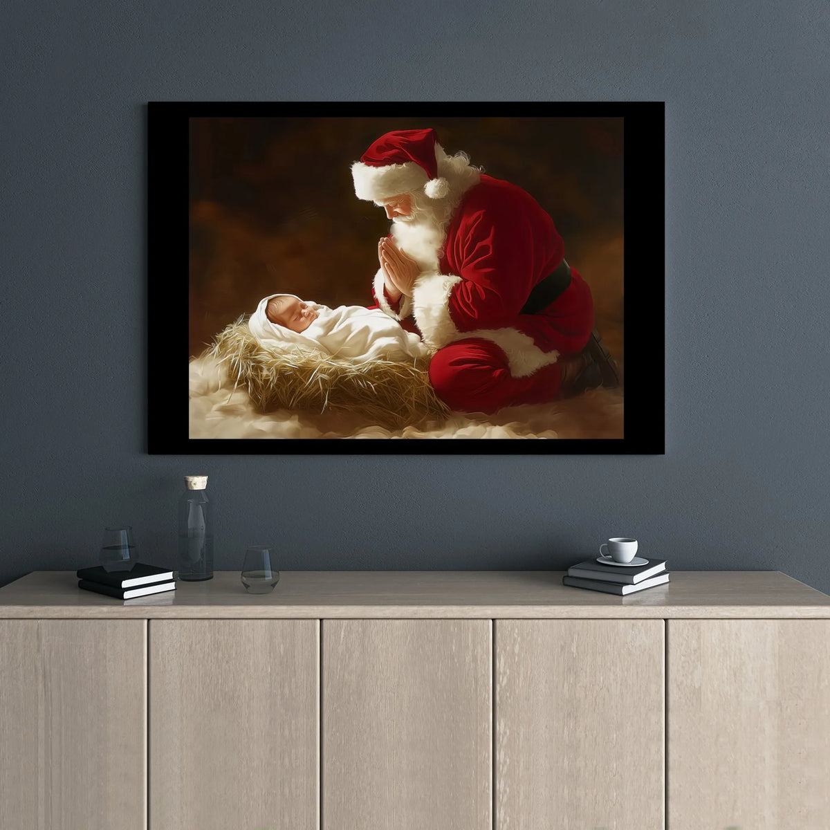 Nativity Scene Wall Art, Santa Kneeling at Manger Canvas, Religious Christmas Canvas Print, Christian Holiday Canvas, Christi