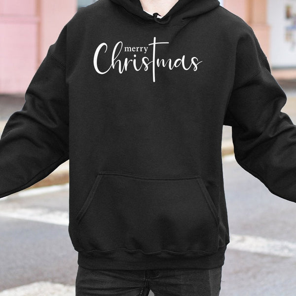 Christian Holiday Hooded Sweatshirt, Merry Christmas Cross Hoodie, Religious Christmas Cross Pullover, Faith Based Xmas Prese