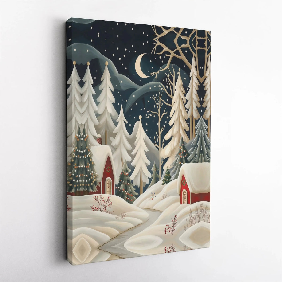 Snowy Winter Forest Canvas, Christmas Village Canvas Wall Art, Comfy Night Landscape Print, Holiday Christmas Canvas, Winter 