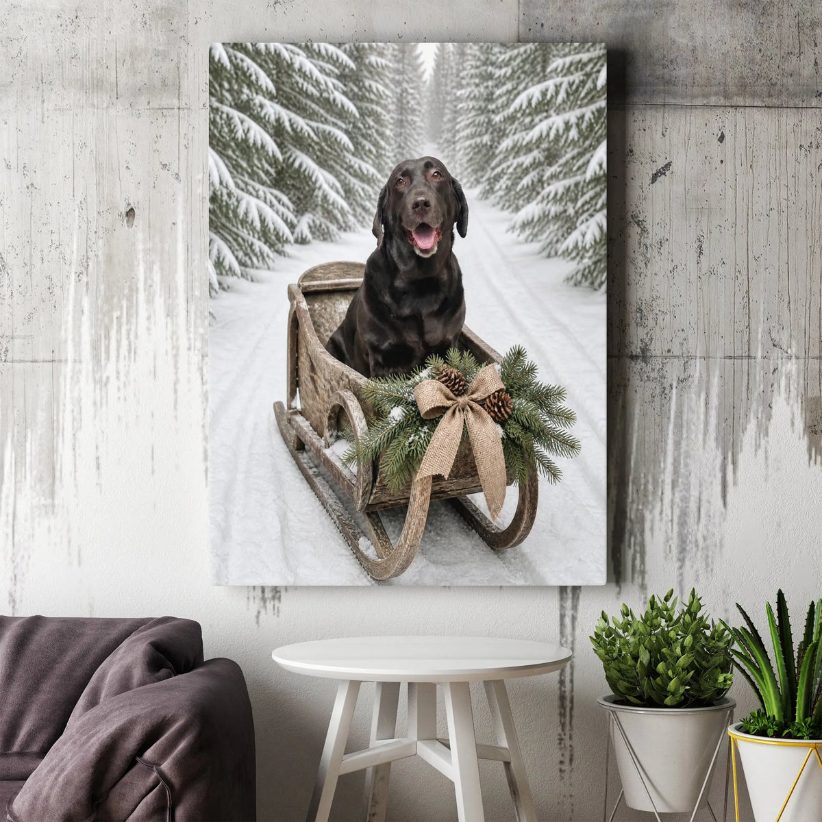 Snowy Forest Labrador Canvas Print, Black Lab Winter Sled Canvas, Christmas Dog Wall Art, Holiday Labrador Canvas Decor, Dog 