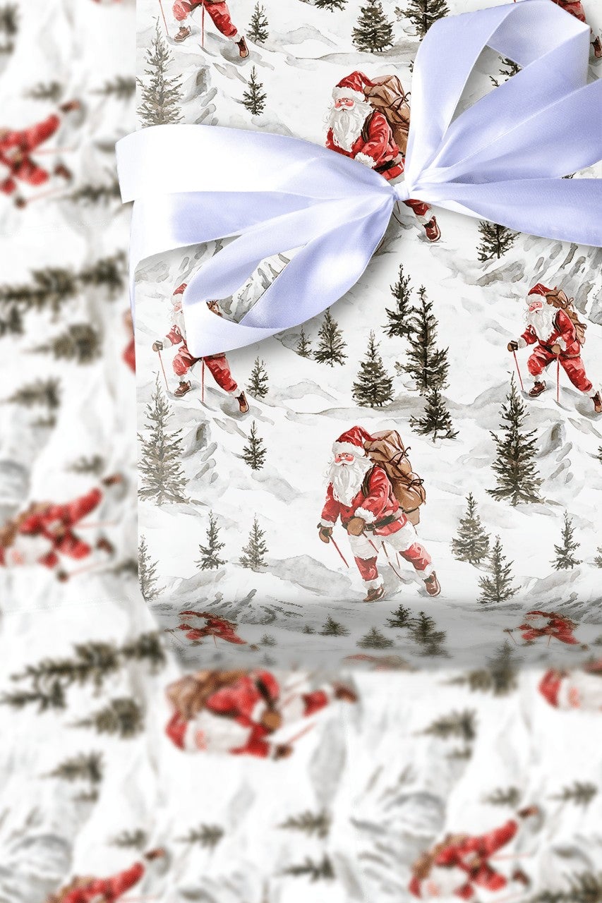 Mountain Expedition Christmas Gift Wrap, Hiking Santa Wrapping Paper, Watercolor Outdoor Santa Claus Present Paper, Rustic Wi