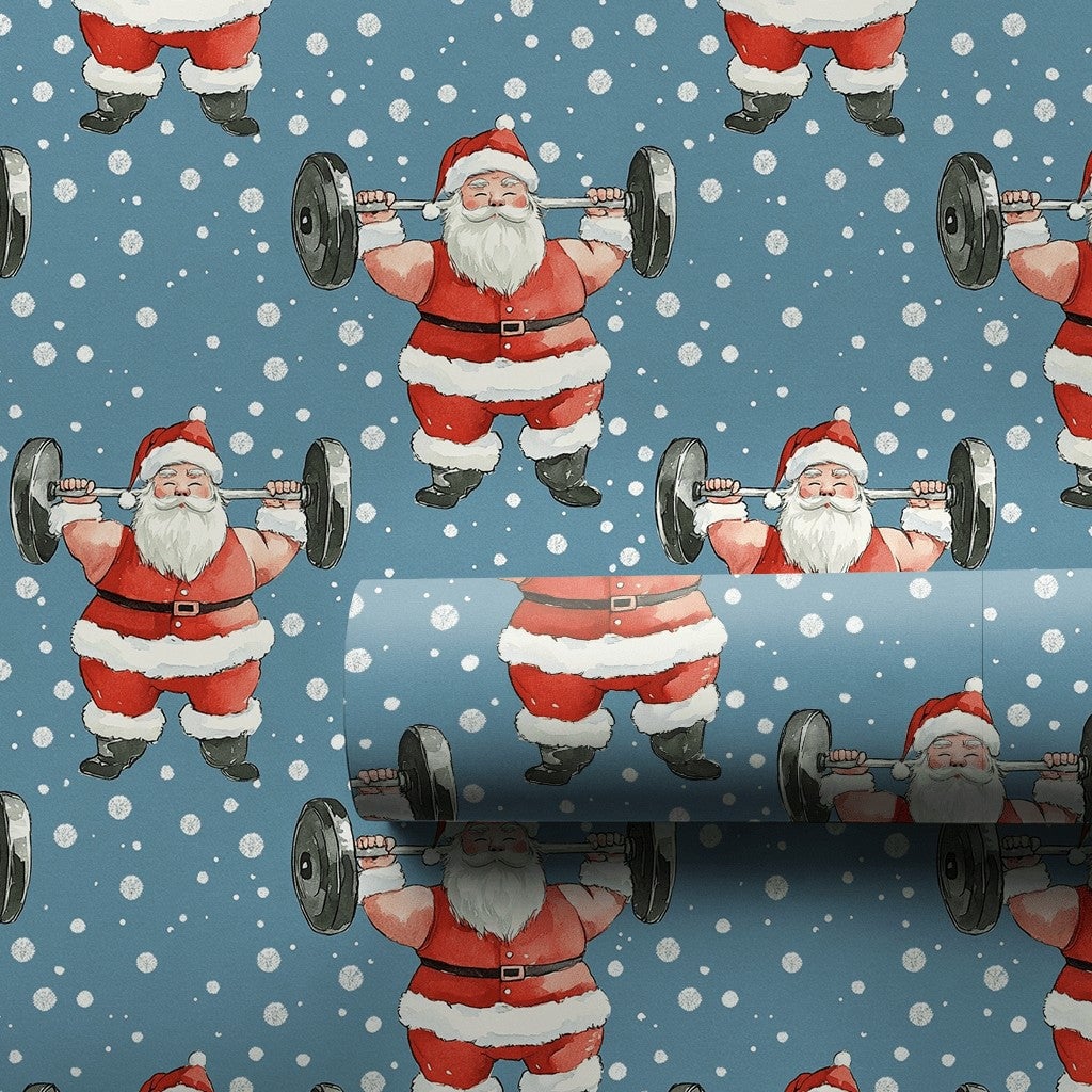 Fitness Christmas Gift Wrap, Weightlifting Santa Wrapping Paper, Humorous Gym Holiday Present Paper, Barbell Workout Xmas Gif