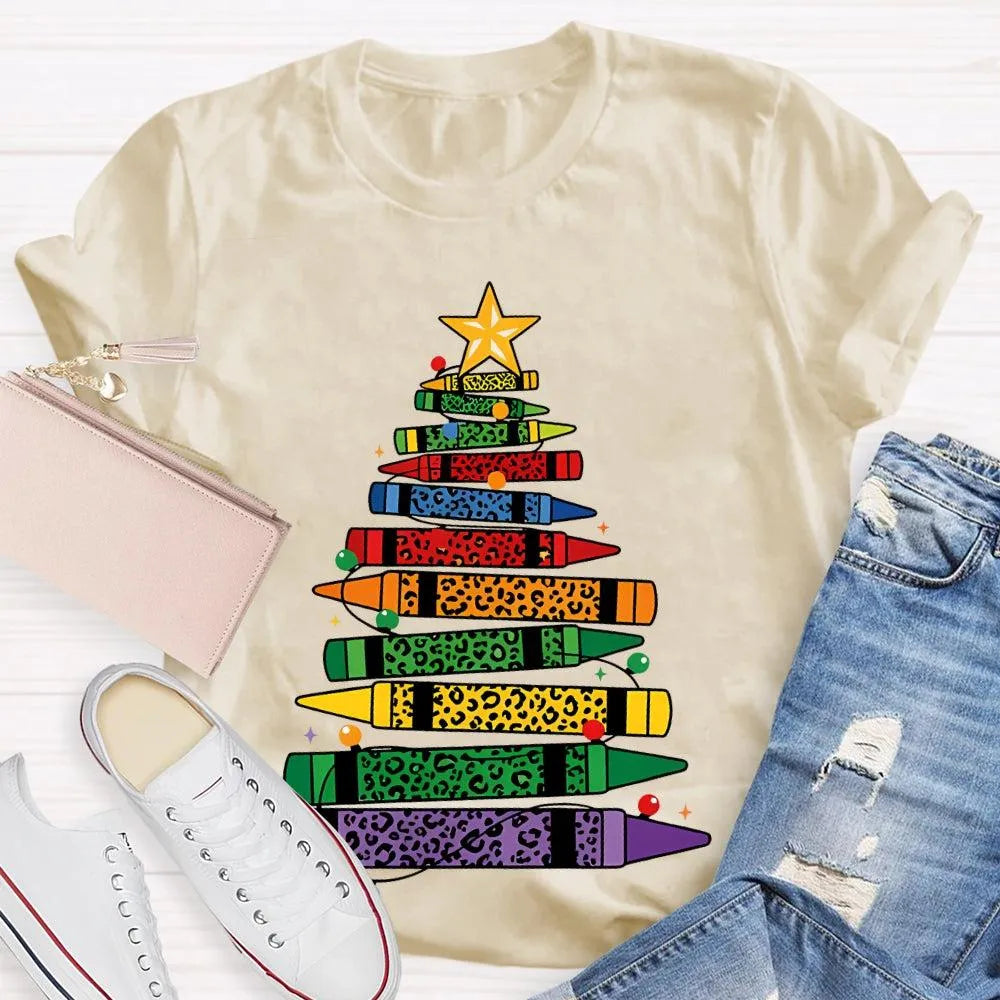 Art Teacher T-Shirt, Colored Pencils Leopard Christmas Tree Shirt, Holiday Graphic Tee, Festive Art Teacher Shirt, Christmas 
