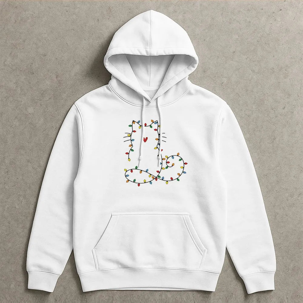 Fairy Lights Kitty Sweatshirt, Cat Christmas Hoodie, Adorable Cat Holiday Hooded Pullover, Festive Kitten Christmas Hoodie, P