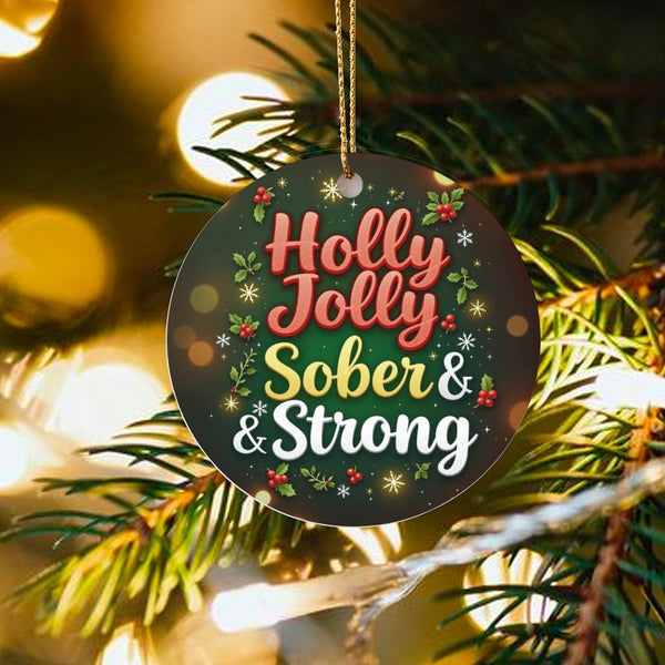 Sobriety Christmas Ornament, Holly Jolly Sober and Strong Ornament, Ceramic Recovery Tree Ornament, Clean and Sober Holiday P