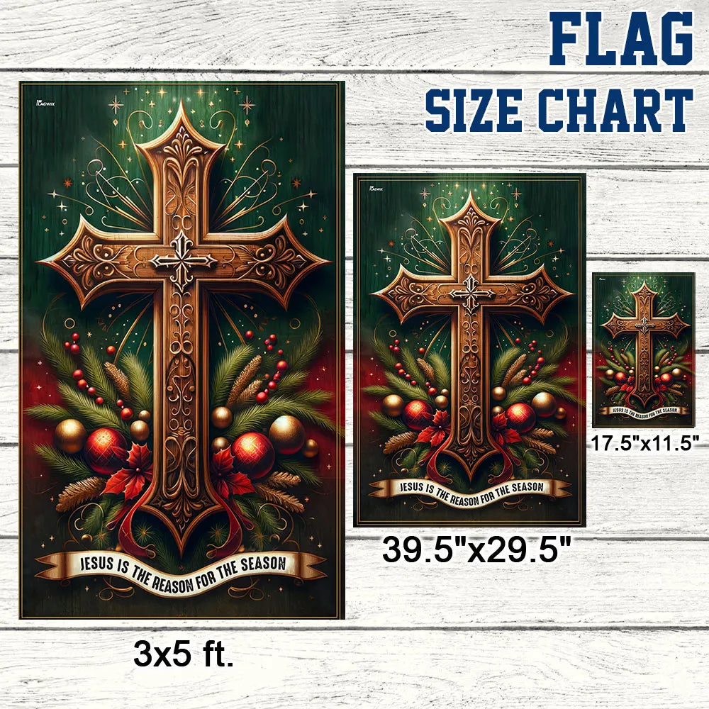 Ornate Cross Yard Flag, Jesus Is the Reason for the Season Christmas Garden Flag, Double-Sided Christian Holiday Lawn Flag