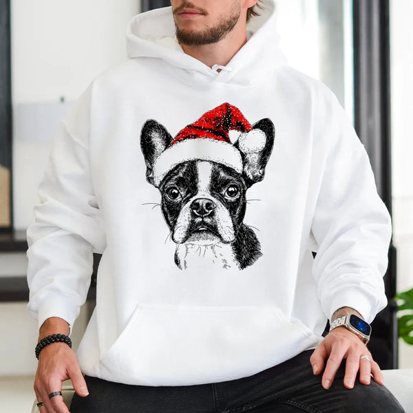 Adorable Dog Christmas Sweatshirt, Boston Terrier Santa Hoodie, Xmas Pet Lover Graphic Hoodie, Winter Holiday Pullover Hoodie