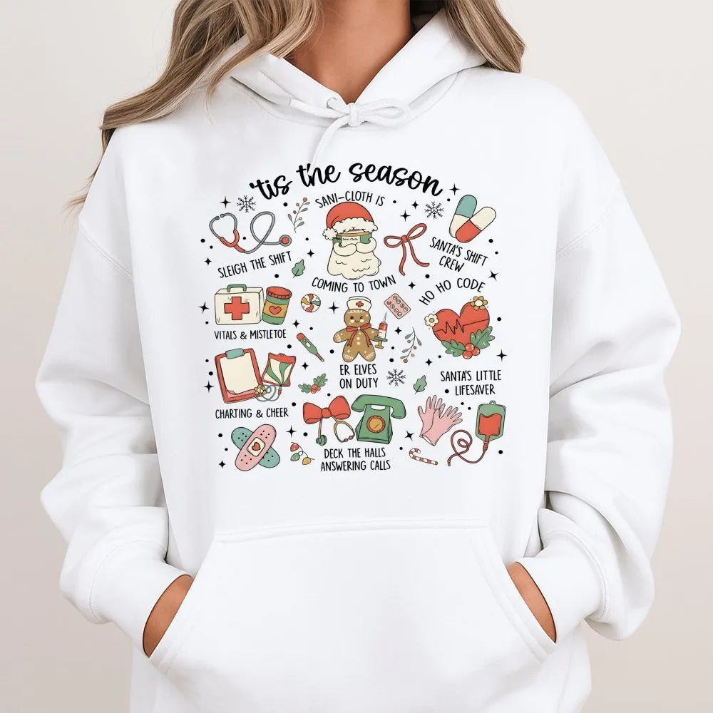 Adorable Holiday Medical Icons Hoodie, Nurse Christmas Hoodie, RN LPN CNA Winter Hoodie, Healthcare Worker Hooded Sweatshirt,