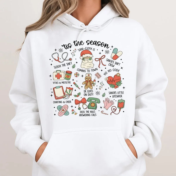 Adorable Holiday Medical Icons Hoodie, Nurse Christmas Hoodie, RN LPN CNA Winter Hoodie, Healthcare Worker Hooded Sweatshirt,