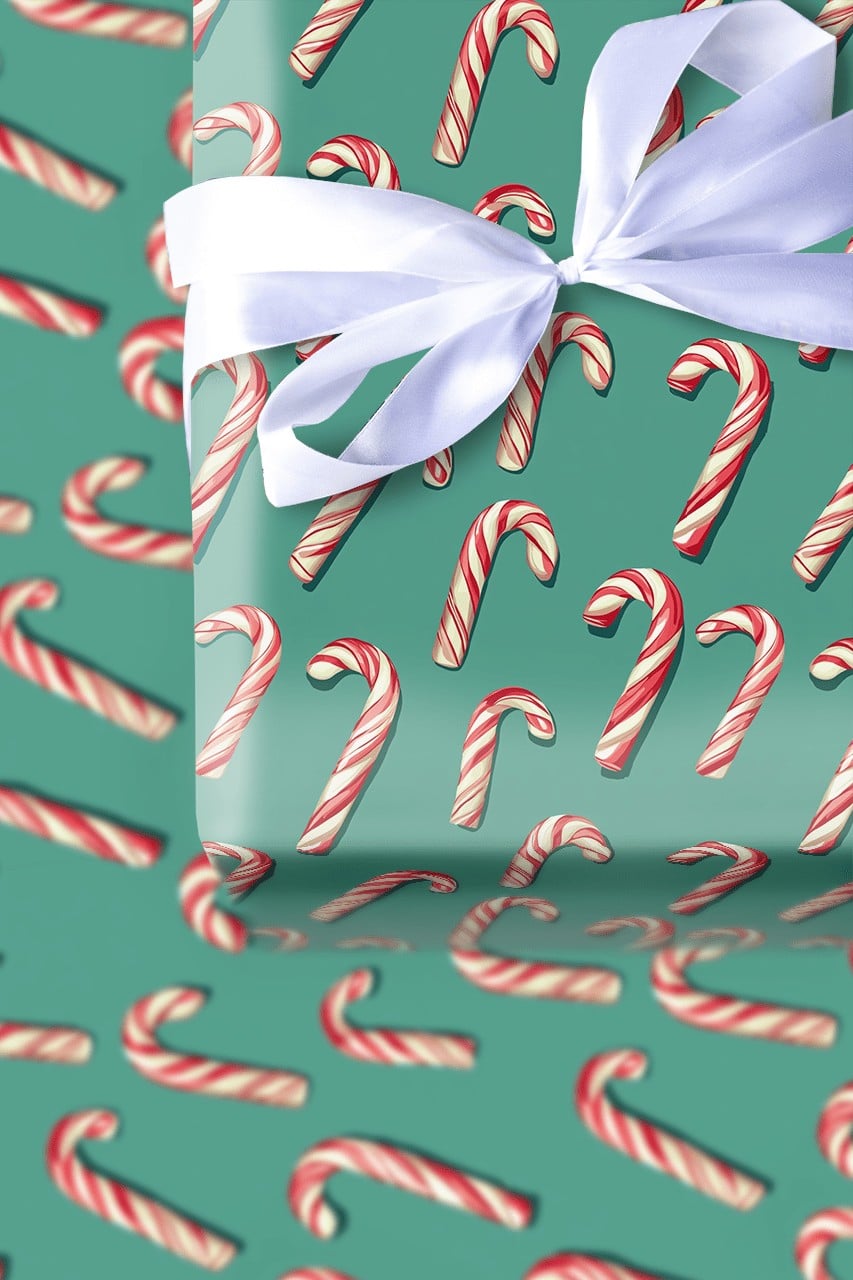Festive Candy Cane Gift Wrap, Candy Cane Christmas Wrapping Paper, Red and White Candy Cane Present Paper, Teal Holiday Wrapp