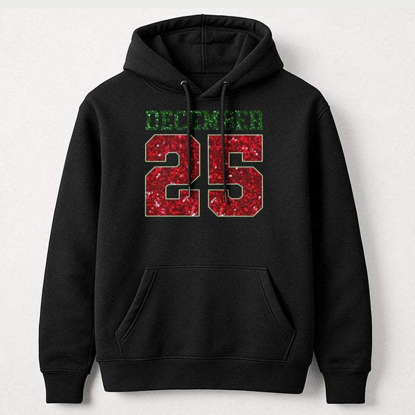 Red Glitter Holiday Date Hooded Sweatshirt, December 25 Christmas Hoodie, Festive Xmas Day Graphic Pullover, Winter Holiday C