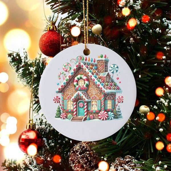 Whimsical Candy Cottage Ceramic Ornament, Gingerbread House Christmas Ornament, Adorable Holiday Tree Keepsake Ornament, Fest