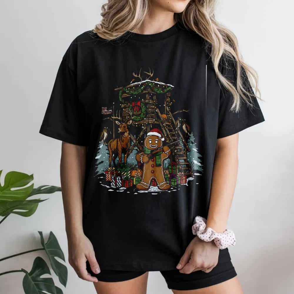 Humorous Christmas Deer Hunter Shirt, Gingerbread Man Hunting T-Shirt, Holiday Buck Hunting Tee, Winter Outdoors Graphic Shir