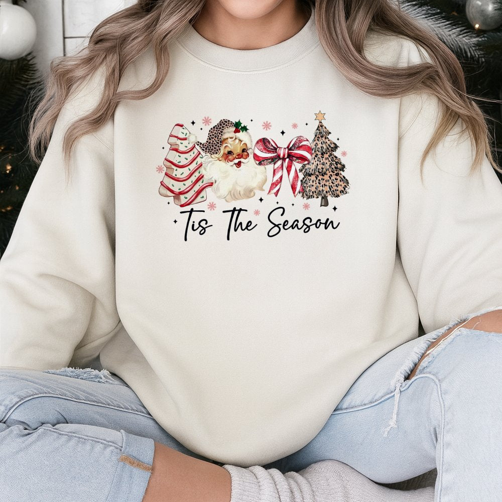 Leopard Print Santa Sweatshirt, Tis the Season Christmas Sweatshirt, Coquette Bow Holiday Crewneck, Preppy Xmas Sweatshirt, H