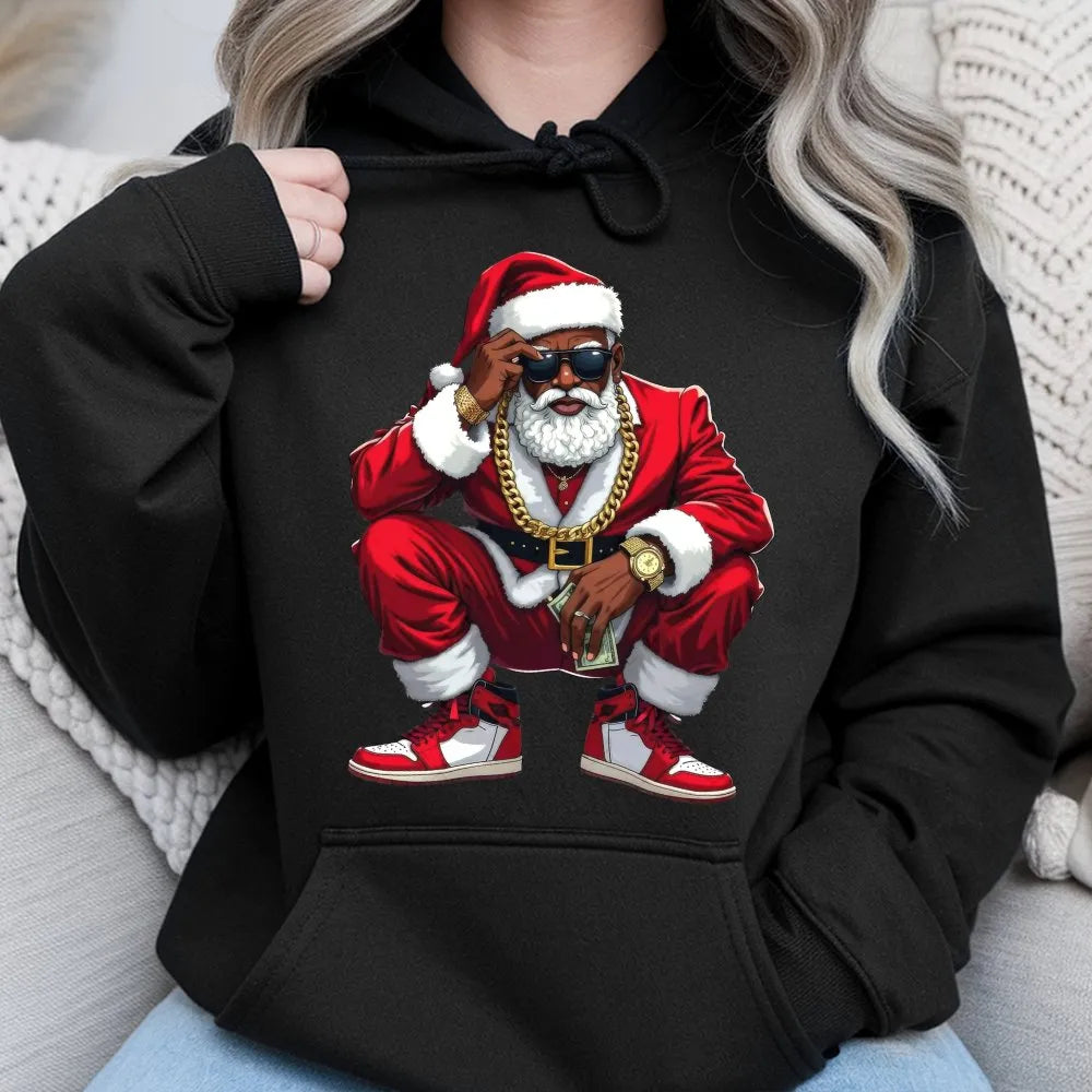 Hip Hop Streetwear Christmas Hoodie, Black Santa Hoodie, Humorous Retro Santa Hooded Sweatshirt, Urban Holiday Graphic Pullov