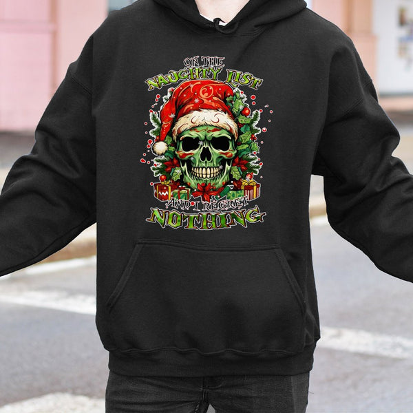 Humorous Grumpy Santa Hooded Sweatshirt, Naughty List Skull Christmas Hoodie, Sarcastic Holiday Skull Hoodie, Dark Humor Xmas
