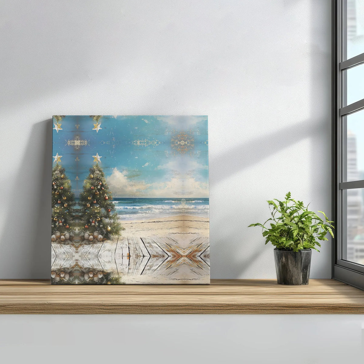 Tropical Beach Ocean View Holiday Poster, Coastal Christmas Tree Canvas Art, Coastal Winter Wall Decor, Digital Download